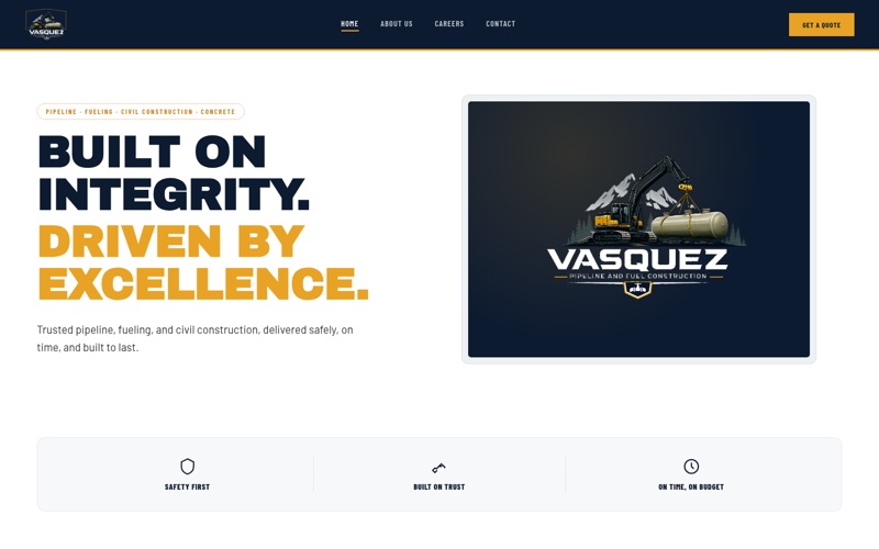 The Vasquez Pipeline and Fuel Construction homepage: a navy header with a gold “Get a quote” button, the headline “Built on integrity. Driven by excellence.”, and the company emblem.
