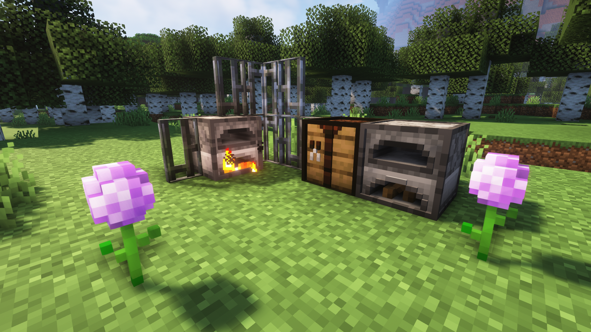 In game screenshot of crafting table, furnace, allium and iron bars.